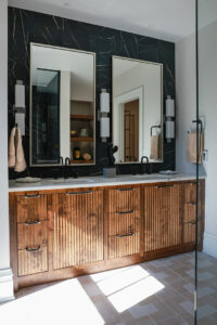 vanity with slab style cabinets with a fluted pattern