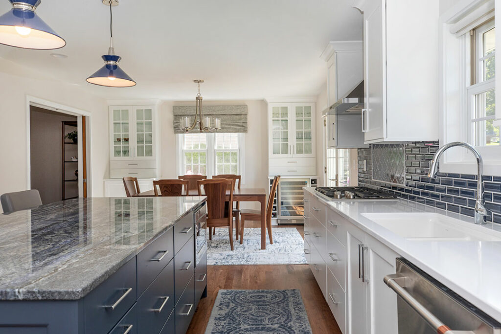 Kitchen Remodel with blue and white cabinetry