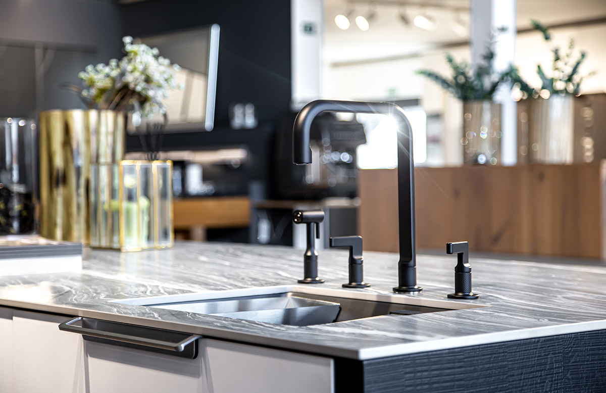 Modern hardware in a stylish kitchen.