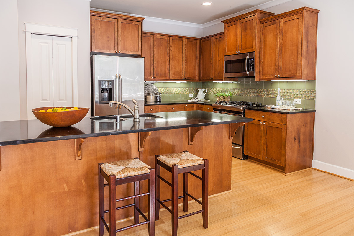 A homey galley kitchen with a horizontal flow of traffic.