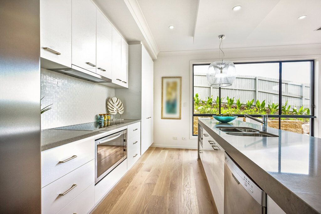 An impressive, modern galley kitchen.